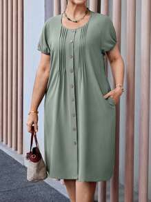 EMERY ROSE Plus Size Women Plain Round Neck Short Sleeve Pleated Pocket Casual Dress