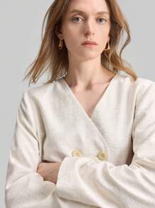 Ontre Women's Stand Collar Double-Breasted Long Sleeve Short Suit Jacket, Urban Vintage Style, Linen Material