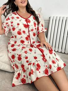 Camisón de talla grande con cuello en V, volantes y estampado romántico de rosas