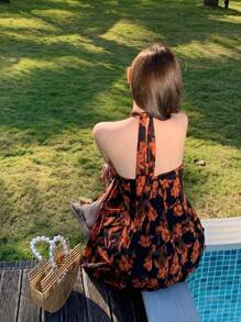 DAZY Ditsy Floral Full Pattern Vacation Style Beach Halter Open Back V-Neck Drawstring Tie Waist High Slit Midi Dress For Women Summer Cruise Women Outfits - Red - View 5