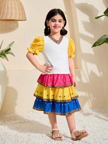 SHEIN 2 pièces/Set Top à manches bouffantes en tricot unicolore et jupe assortie pour jeunes filles - Multicolore - Voir 3