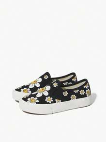 JNSQ Spring/Summer Fashion Floral Versatile Casual Sports Canvas Vulcanized Flat Slip-On Children Sneakers - Black - View 2