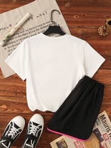 Bow & Cute Graphic Crew Neck T-Shirt Set - White - View 2