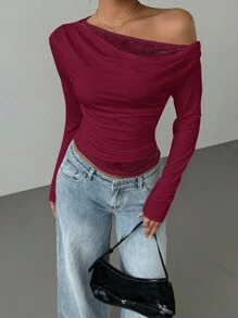 SHEIN Essnce Camiseta de mujer de manga larga con cuello de cowl asimétrico y encaje, unicolor otoñal, camiseta de encaje de manga larga para mujer, casual, para vacaciones, Año Nuevo, estilo Y2K