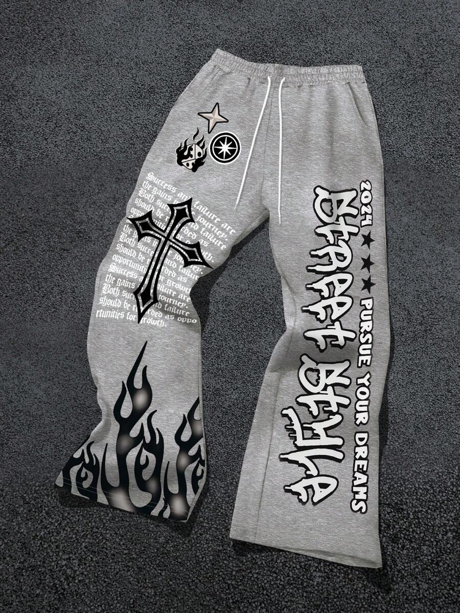 Manfinity EMRG 男士休闲十字架和标语印花抽绳腰带运动裤，适合狂欢 - 灰色 - 查看 1