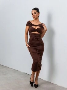 Chiquease Women's Hollow Out Ruched Twist Design Bodycon Elegant Maxi Dress - Brown - View 5