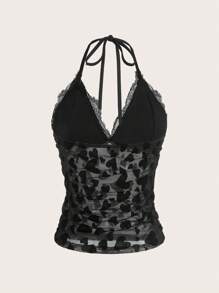 Easelle Atasan Halter Neck Jala Berhiaskan Hati dengan Trim Renda Hitam - Hitam - View 7