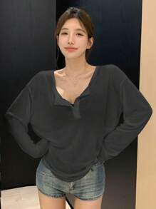 DAZY Damen lässiges, vielseitig einsetzbares, einfarbiges Langarm T-Shirt