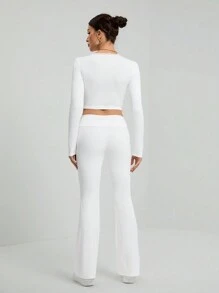 SHEIN Tall V領長袖純色上衣與休閒長褲套裝，適合高個女性 - 白色 - 查看 3