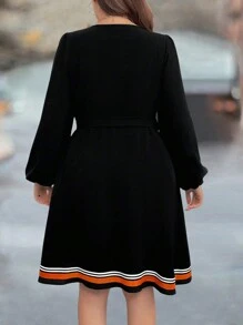 SHEIN Clasi Plus Size Women Colorful Ribbon Lantern Sleeve Dress - Black - View 2