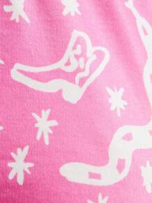 SHEIN 年轻女孩花卉印花粉色弹性腰带弹力针织紧身裤，风格可爱 - 粉色 - 查看 7