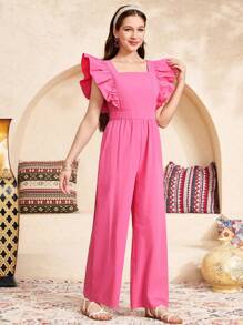 SHEIN Leap Crew Teen Girls' Cute & Cozy Cap Sleeve Square Neck Long Jumpsuit