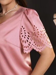 SHEIN Clasi 大码休闲纯色镂空短袖衬衫