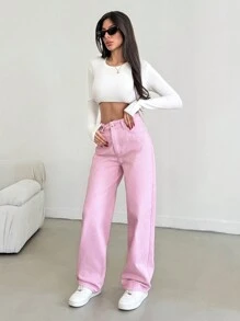 SHEIN Tall WOMEN HIGH RISE STRAIGHT PINK JEAN TALL Spring Outfits For Women  Woman S Summer Clothes Women Summer Clothing Women S Clothes - Pink - View 4