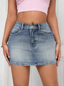 SHEIN PETITE Minifalda vaquera informal lavada, de ajuste slim
