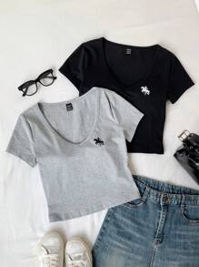 Comfortcana 2pcs Ladies V-Neck Embroidered Knight Short Sleeve T-Shirts - Multicolor - View 7