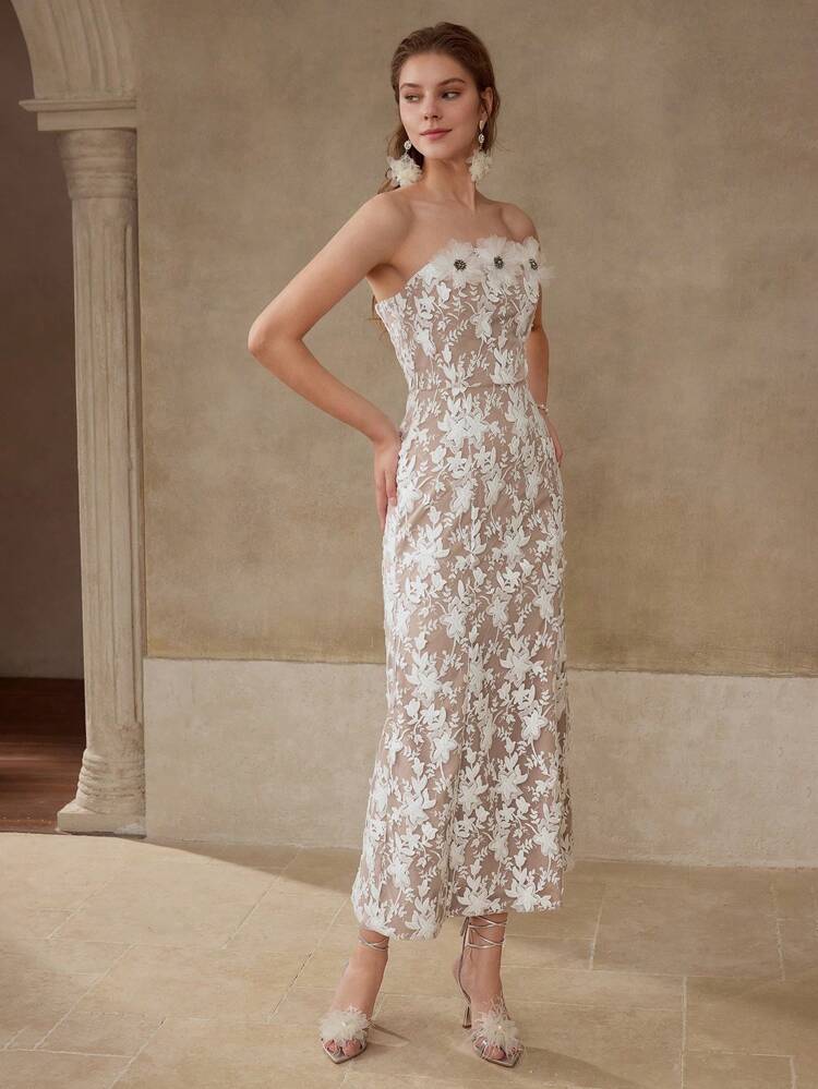 3D FLOWER DECOR TUBE LONG DRESS