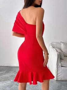 Calvaya Elegant Fitted Solid Color Bow Decor Ruffle Hem Bodycon Dress