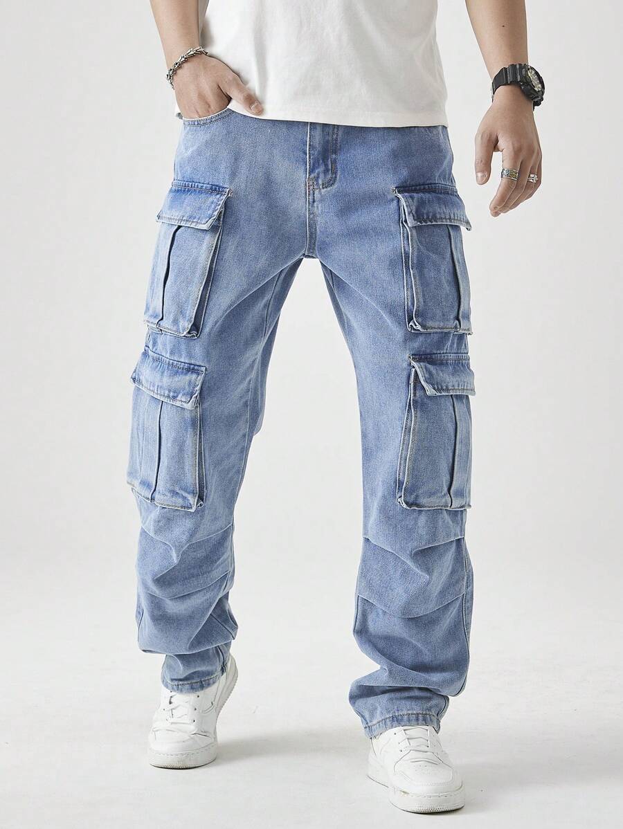 GALLERY FADE Men's Casual Washed Straight-Leg Cargo Jeans