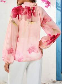 SHEIN Clasi Women's Beach Wear, Sun Protection Chiffon Shirt, Elegant Women's Romantic Valentine's Day Long-Sleeved Pink & Rose Red Floral Smudged Twisted Elegant Chiffon Shirt, Spring And Summer Clothing - Multicolor - View 3