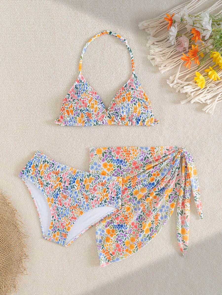 SHEIN Bộ đồ bơi bikini in hoa 3 món cho bé gái tuổi mới lớn, kèm khăn tam giác lưới và váy - Nhiều màu - Xem 1