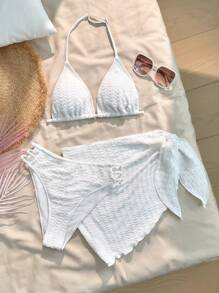 SHEIN 3 件套少女度假白色纹理针织吊带背心、比基尼泳裤和裹身裙泳衣夏季套装、沙滩装、泳衣套装 - 白色 - 查看 1