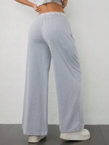 SHEIN PETITE Pantalones largos informales con cintura con cordón, parche de encaje y contraste de color
