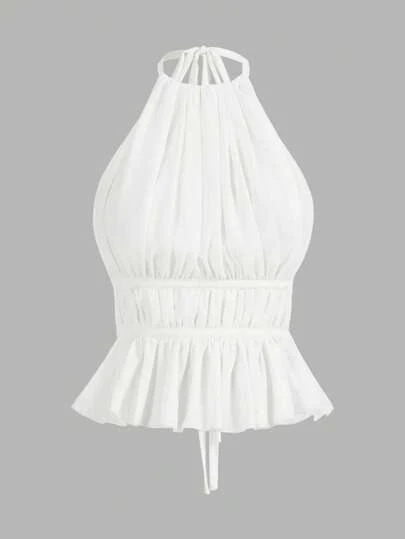 SHEIN PETITE Women's Pleated Halter Neckline Waist-Tied Backless Tank Top