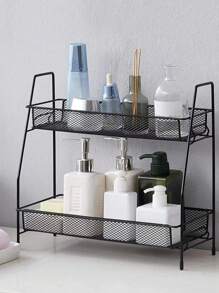 SHEIN 1pc 2层铁制厨房收纳架，台面化妆品展示架，调味架，桌面收纳篮，浴室收纳整理化妆品收纳架，淋浴收纳配件，办公桌，家居装饰，房间装饰，定制适用于厨房，浴室，卧室，办公室，宿舍小型收纳架，学生返校季 - 黑色 - 查看 2