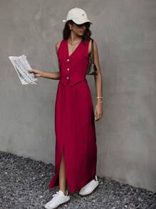 SHEIN Frenchy 2 件套女士无袖纯色背心上衣和裙子 - 紅色 - 查看 3