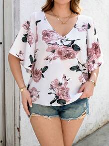 SHEIN Clasi Áo cánh in hoa màu hồng cổ chữ V cỡ lớn cho nữ, áo thanh lịch hàng ngày lãng mạn cho mùa xuân/hè - Nhiều màu - Xem 3