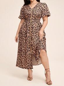 Comfylo Vestidos de verão plus size femininos com estampa de leopardo e manga bufante - Multicolorido - Ver 5