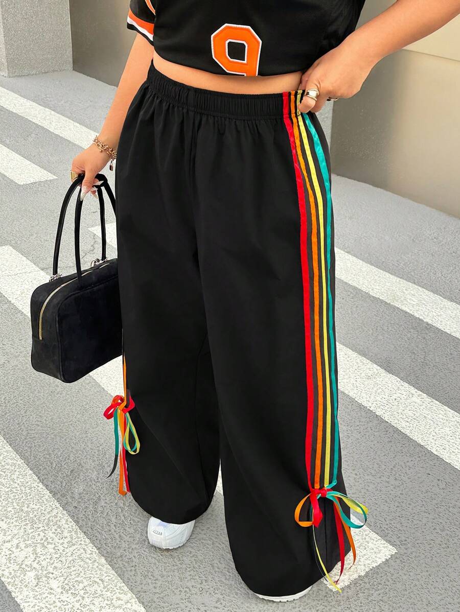 CovetEZ Plus Size Black Rainbow Elastic Waist Wide Leg Pants - Black - View 1