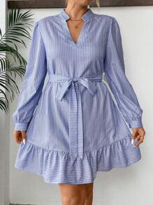 Calvaya Plus Size Women Blue Striped V-Neck Casual Belted Mini Long Sleeve Dress - Blue - View 5