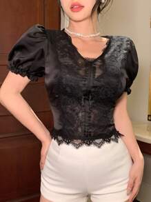 DAZY Bodycon Lace Top With V-Neck Short Sleeve, Elegant For Weddings And Banquets,Crop Tops Women - Black - View 6