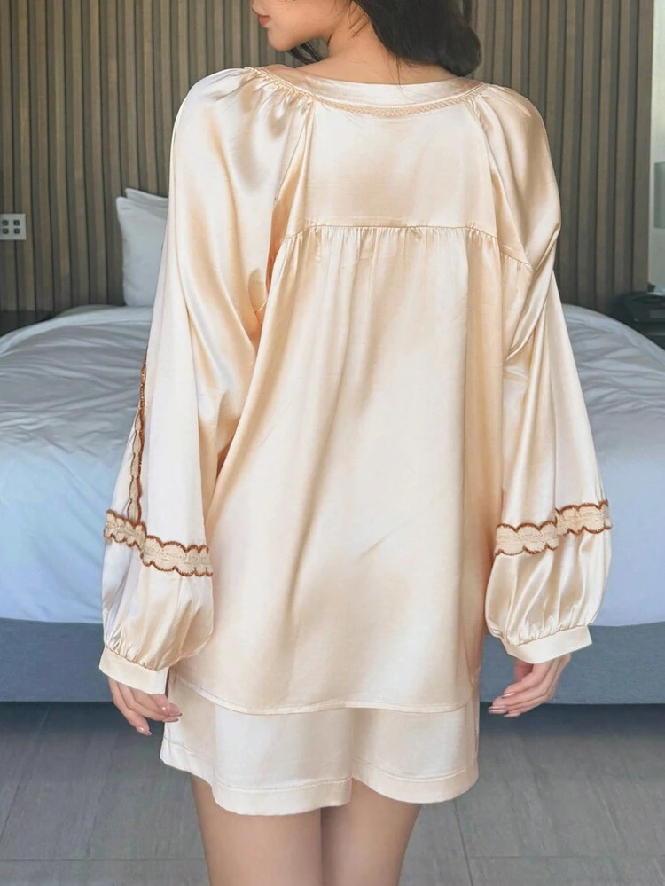 Vacation Style Satin Ruffle Trim Loose Raglan Sleeve Top & Shorts Pajama Set For Women