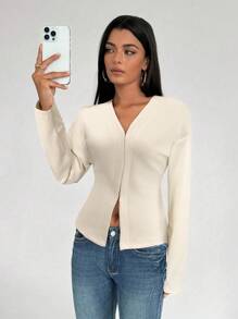 Aloruh 女士时尚法式复古 V 领插肩袖酒红色针织衬衫 - 杏色 - 查看 5