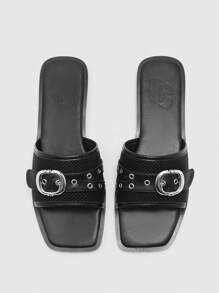 CUCCOO BIZCHIC Dép đế bằng ngoài trời mới cho nữ, dép xỏ ngón mũi vuông đính pha lê màu bạc, giày lười thoải mái thường ngày cho tiệc tùng, đi làm, mùa hè, đế dày chống trượt - màu đen - Xem 2