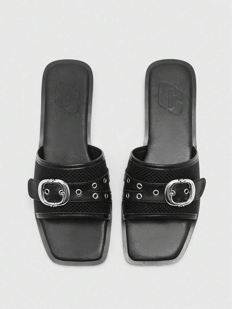 CUCCOO BIZCHIC New Outdoor Women Flat Sandals, Square Toe Crystal Embellished Silver Slides, Casual Comfortable Slip-On Shoes For Party, Commuting, Summer, Thick Sole Non-Slip