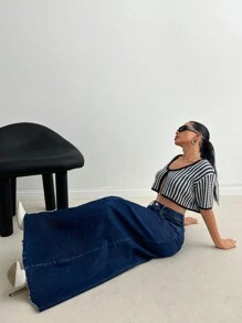 SHEIN Tall Women Casual Denim Skirt, Minimalistic And Fashionable For Everyday Wear - Dark Wash - View 5