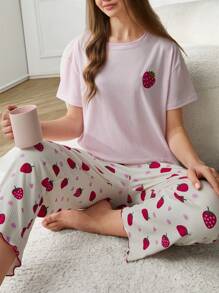 RueChic Women 2 Pcs High Quality Soft Touch Strawberry Printed Short Sleeve Shirt And Striped Fabric With Lettuce Trim Contrast Colour Strawberry Pattern PJ Set - Pink - View 4