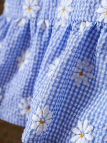 SHEIN Blusa de manga abullonada con lazo, estampado de margaritas y jacquard a cuadros para niñas - Multicolor - Ver 5