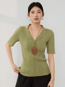 DAZY Women V-Neck Slim Fit Solid Color Casual Knit Top Business Casual Women - Mustard Yellow - View 3