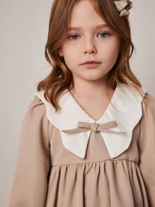 PrepCrw Young Girls Loose Khaki Color Contrast Collar Summer Dress