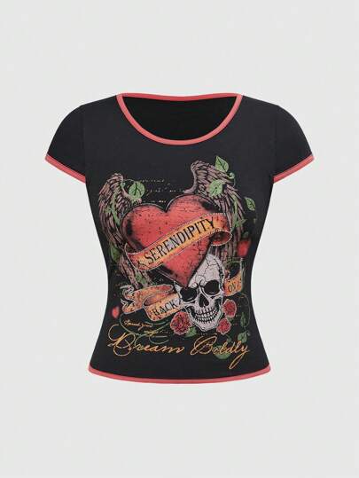 Goth Y2K Style Heart & Skeleton Distressed Backprint Pentagram Detail T-Shirt