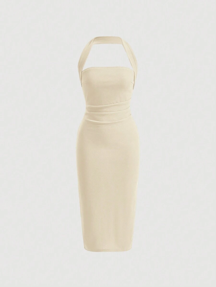 Firerie Đầm hở lưng xẻ gấu đơn giản, trơn - Màu be - Xem 1