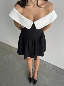 Aloruh Women's Sexy Elegant Black & White Patchwork Bow Front Contrast Color Off The Shoulder A-Line Bodycon Party Cocktail Dress - Black - View 7