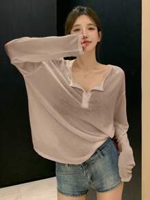 DAZY 女士纯色长袖 T 恤，简约时尚休闲日常穿着 - 咖啡棕 - 查看 5