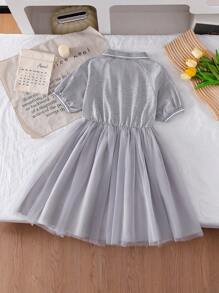 Girls' Fashion Stand Collar Short Sleeve Elastic Waist A-Line Mesh Puffy Dress, Spring/Summer - Grey - View 2