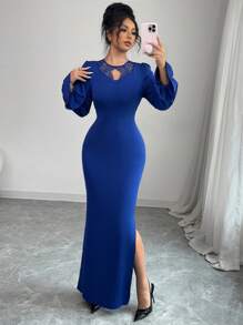 Modelyn Long Sleeve Lace Patchwork Fitted Ruffle Hem Dress For Women - Blue - View 4